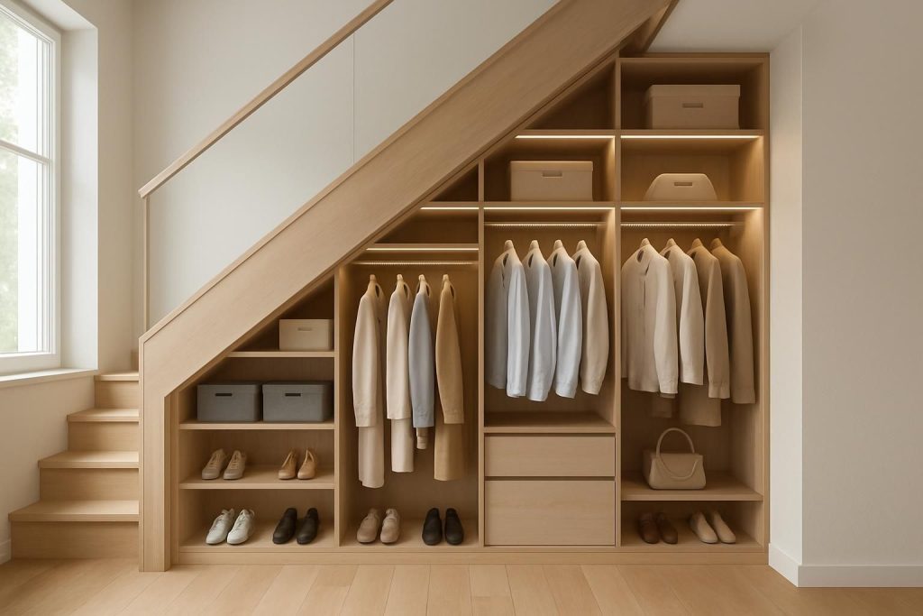 Découvrez comment aménager un dressing fonctionnel et pratique sous un escalier pour optimiser l'espace de votre intérieur avec style et efficacité.